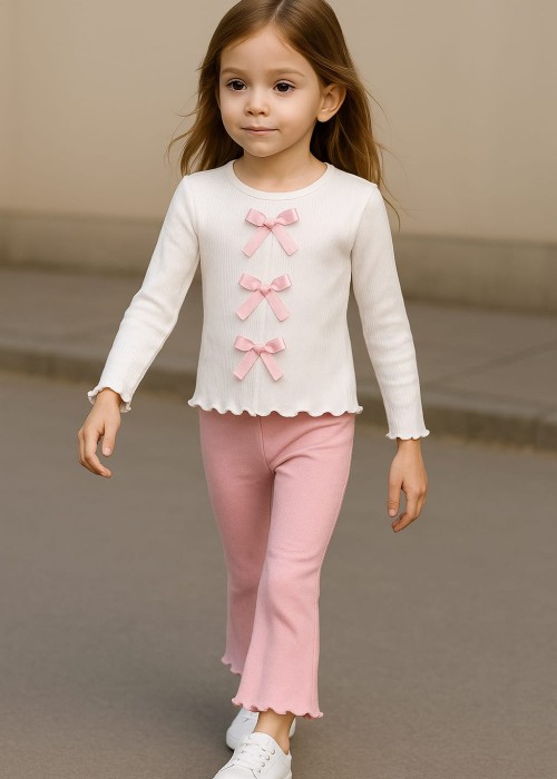Kız Çocuk Fiyonk Detaylı Ribana Takım(Pembe)