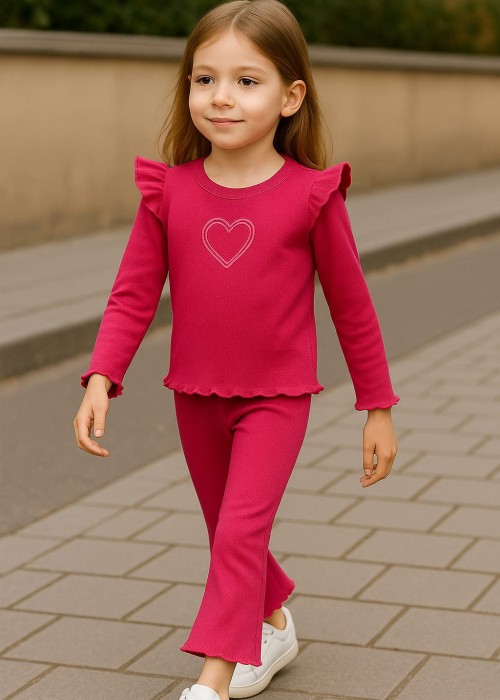 Kız Çocuk Kalp Detaylı Ribana Takım (Fuşya)