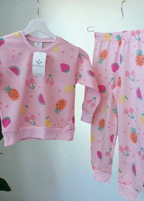 Kız Çocuk Çilek Baskılı Pembe Pijama Takımı