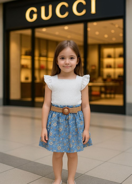 Kız Çocuk Etekli Takım(Kemer dahil)-Mavi