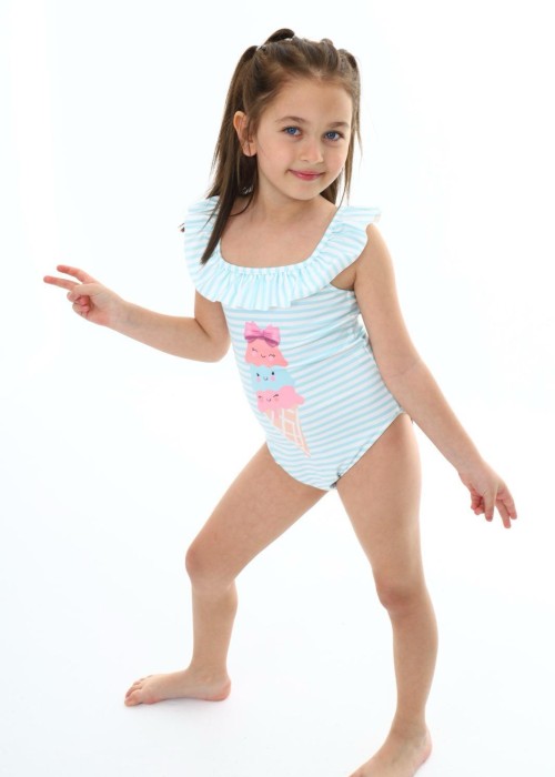 Kız Çocuk Mavi Çizgili Dondurma Baskılı Mayo