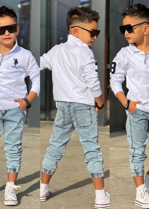 Erkek Çocuk Lacost Kot Pantolon Takım (Beyaz)