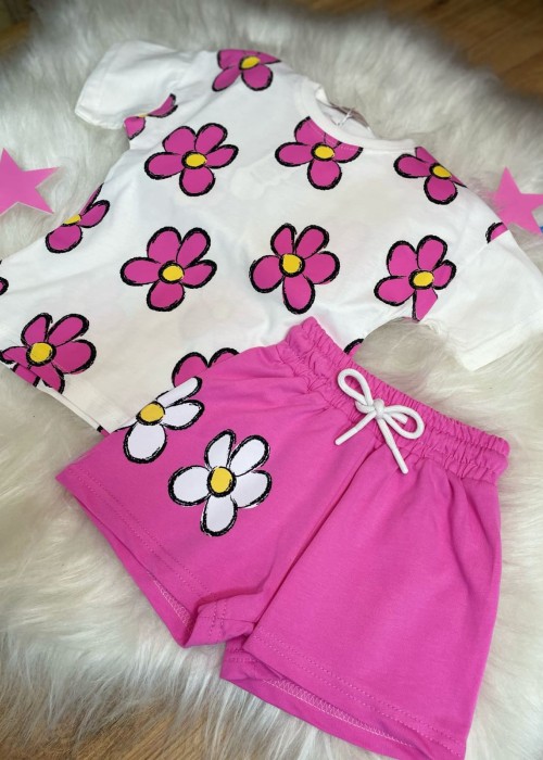 Kız Çocuk Çiçekli Şortlu Takım(Pembe)