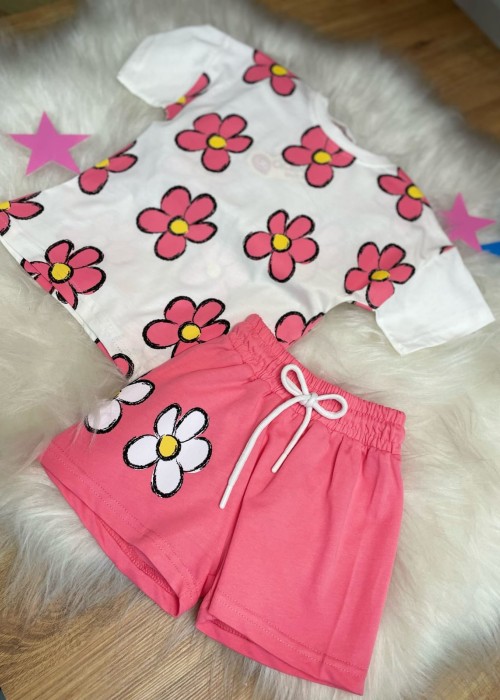 Kız Çocuk Çiçekli Şortlu Takım(Nar)
