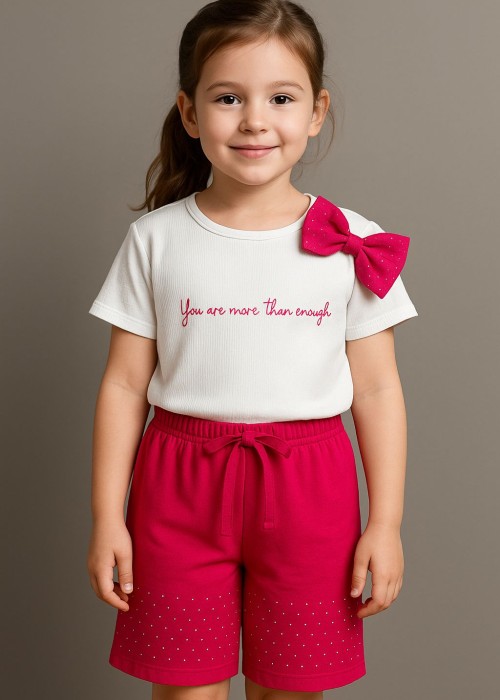 Kız Çocuk Taş Detaylı Fiyonklu Şortlu Takım