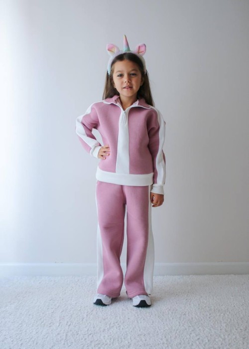 Kız Çocuk Önden Yarım Fermuarlı Pembe Şardonlu Eşofman Takım