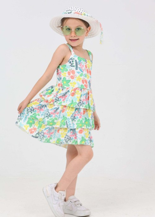 Kız Çocuk Şapkalı Fırfırlı Yazlık Elbise(Yeşil) 