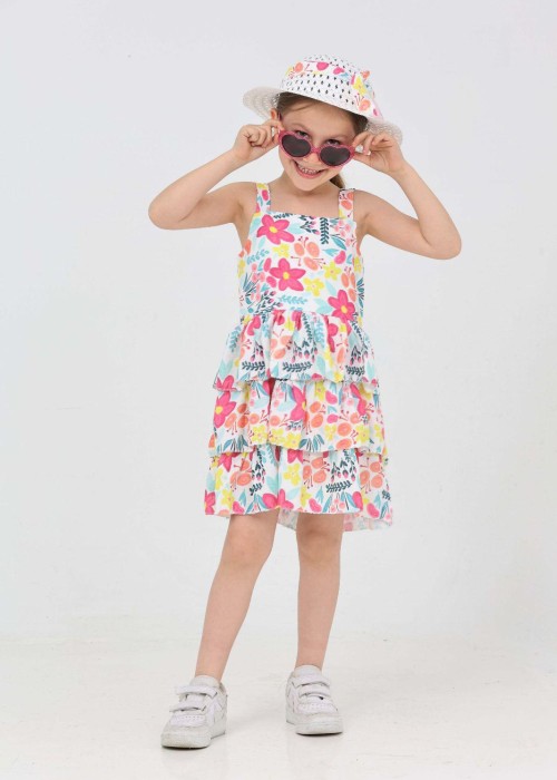 Kız Çocuk Şapkalı Fırfırlı Yazlık Elbise(Pembe) 