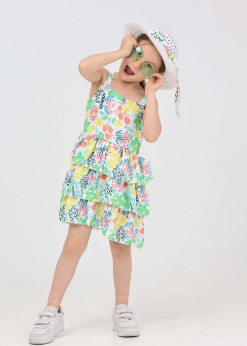 Kız Çocuk Şapkalı Fırfırlı Yazlık Elbise(Yeşil) 