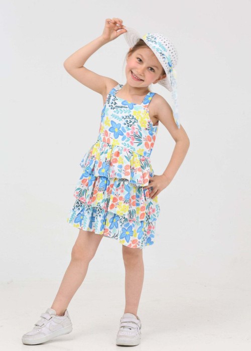 Kız Çocuk Şapkalı Fırfırlı Yazlık Elbise(Mavi) 