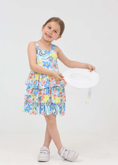 Kız Çocuk Şapkalı Fırfırlı Yazlık Elbise(Mavi) 