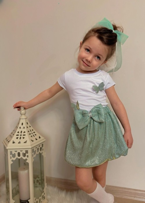 Kız Çocuk Kelebek Detaylı Simli Takım(Yeşil)