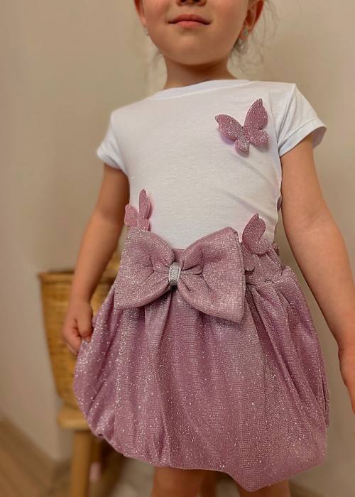 Kız Çocuk Kelebek Detaylı Simli Takım (Pembe)