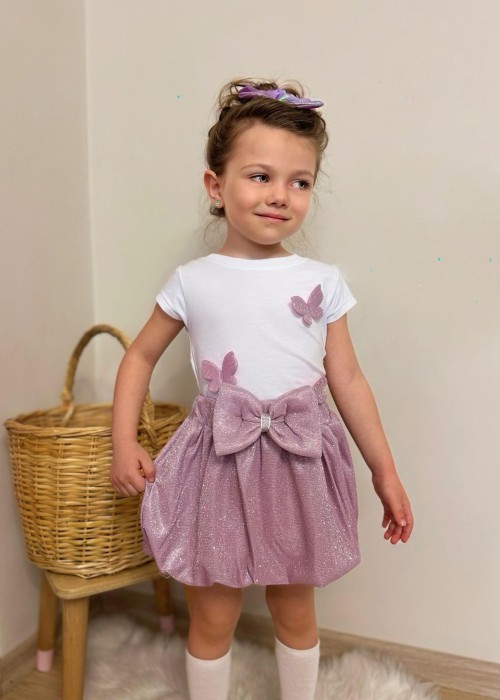 Kız Çocuk Kelebek Detaylı Simli Takım (Pembe)