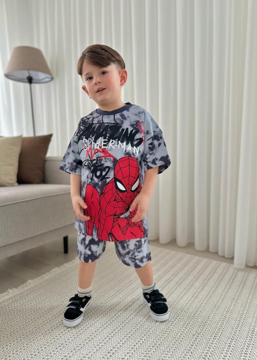 Erkek Çocuk Spider Man Baskılı Gri Şortlu Takım Erkek Çocuk Spider Man Baskılı Gri Şortlu Takım