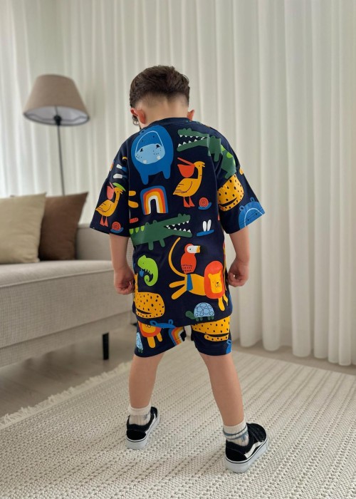 Erkek Çocuk Lacivert Renkli Baskılı Şortlu Takım