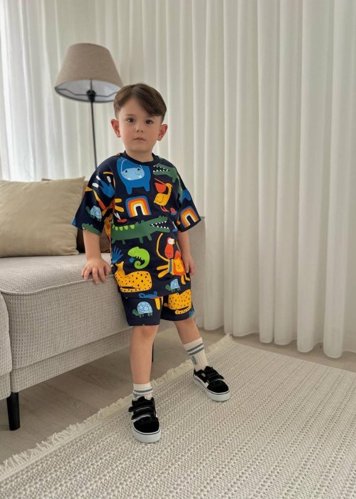 Erkek Çocuk Lacivert Renkli Baskılı Şortlu Takım