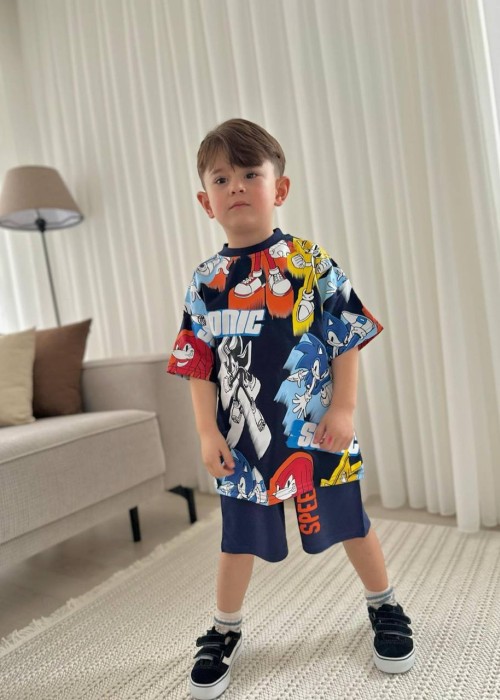 Erkek Çocuk Sonic Baskılı Lacivert Şortlu Takım