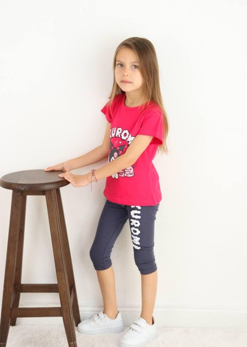 Kız Çocuk Kuromi Baskılı Taytlı Yazlık Takım (Fuşya)