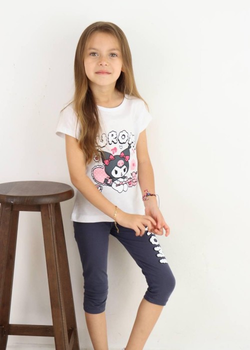Kız Çocuk Kuromi Baskılı Taytlı Yazlık Takım (Beyaz)