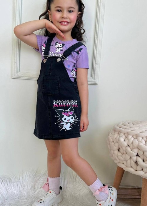 Kız Çocuk Kuromi Detaylı Kot Jile ve Tshirt Takım(Mor)