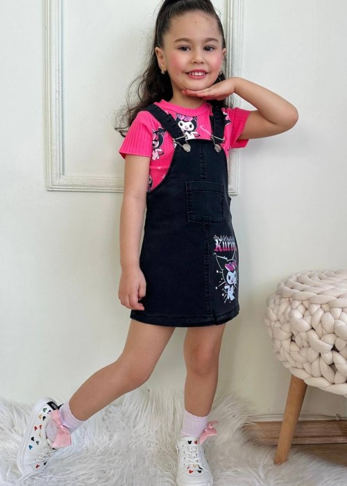 Kız Çocuk Kuromi Detaylı Kot Jile ve Tshirt Takım (Pembe)