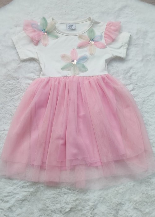Kız Çocuk Kabartma Lale Çiçekli Tüllü Elbise(Pembe)