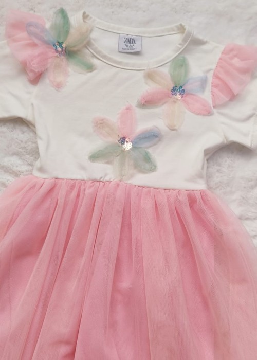 Kız Çocuk Kabartma Lale Çiçekli Tüllü Elbise(Pembe)