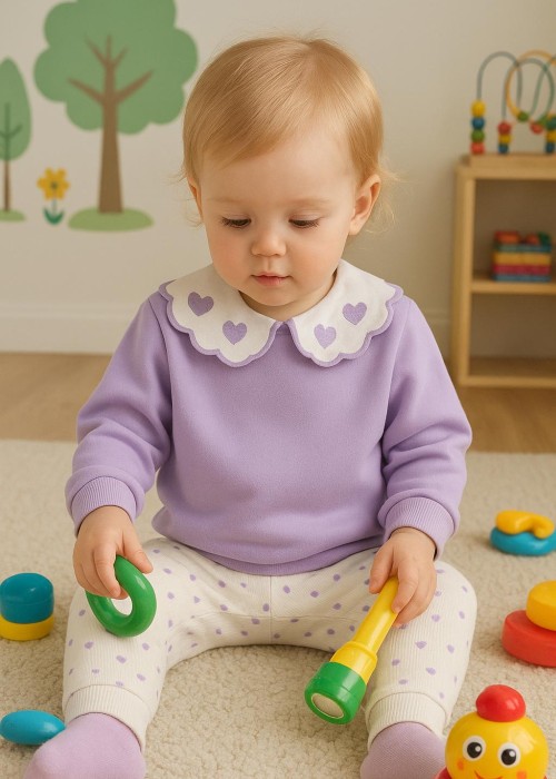 Kız Bebek Kalpli Penye Takım(Mor)