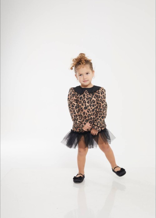 Kız Çocuk Leopar İçi Şardonlu Kışlık Elbise
