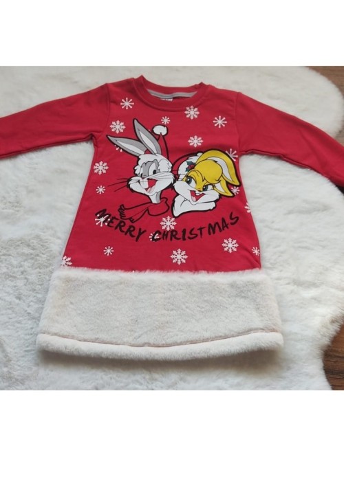 Kız Çocuk Bugs Bunny baskılı Kırmızı Peluş Detaylı Elbise 