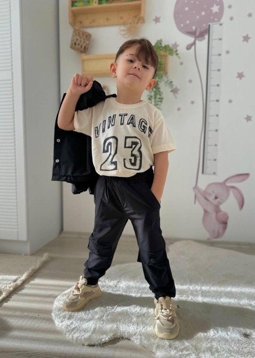 Siyah Erkek Çocuk Paraşüt Takım (T-shirt - Pantolon - Ceket)
