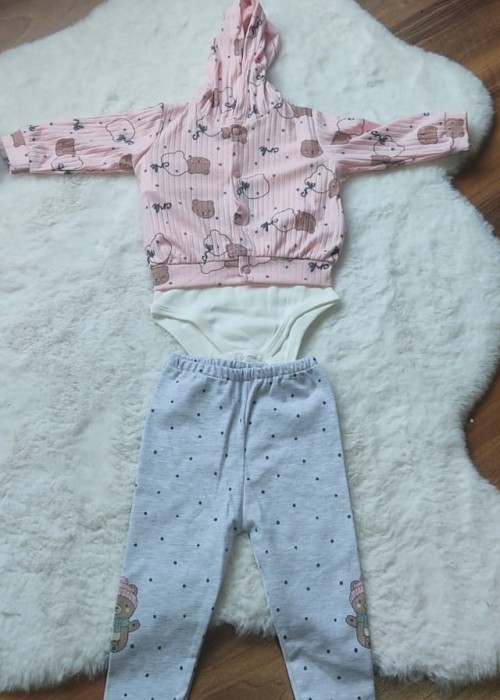 Kız Bebek 3'lü Zıbın Takım(Kapuşonlu Üst-Alt- Çıtçıtlı Body)- Ayıcıklı
