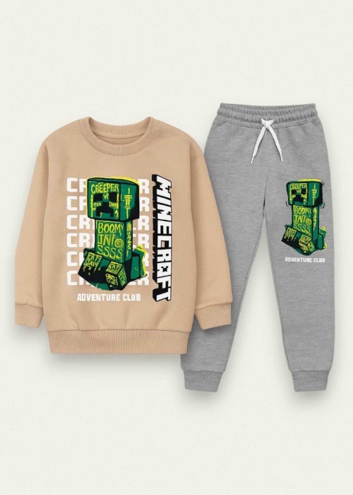 Erkek Çocuk Minecarft Baskılı Eşofman Takım(3 iplik)-Bej