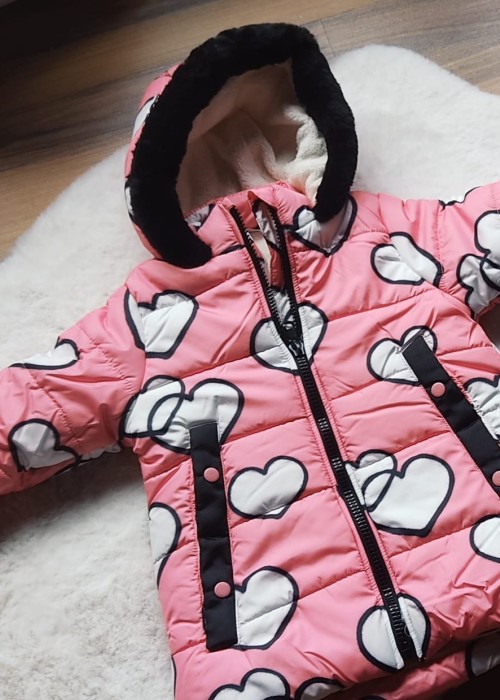 Kız Çocuk İçi Peluş Pembe Kalpli Mont