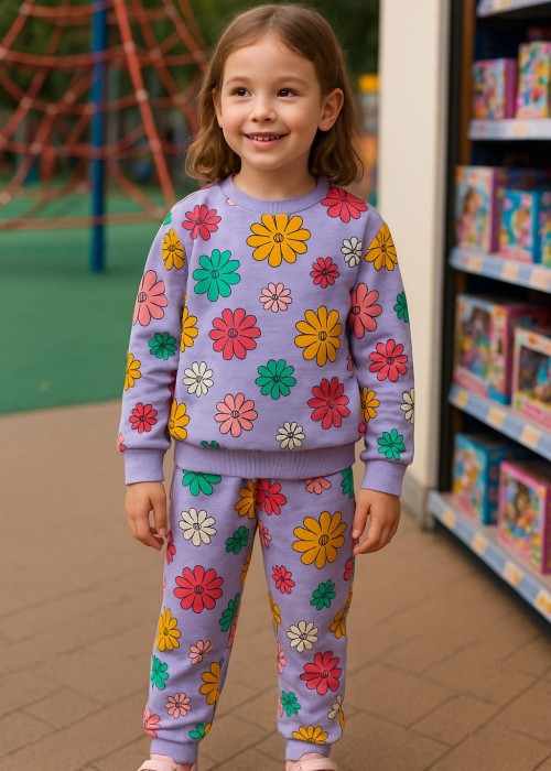 Kız Çocuk Çiçekli Pijama Takımı-Mor