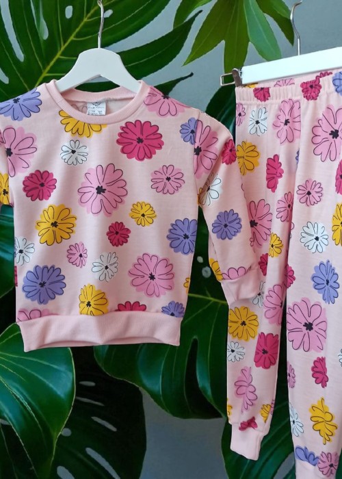 Kız Çocuk Çiçekli Pijama Takımı-Pembe