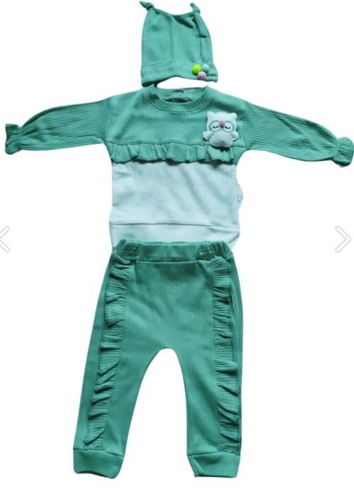 Kız Bebek Zıbın Seti Ponpon Detaylı(Şapka-alt-üst)- Yeşil