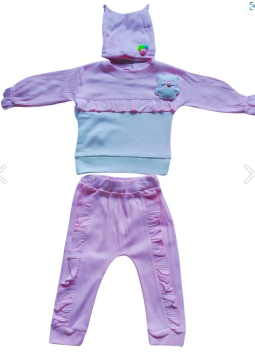 Kız Bebek Zıbın Seti Ponpon Detaylı (Şapka-alt-üst)-Pembe Kız Bebek Zıbın Seti Ponpon Detaylı (Şapka-alt-üst)-Pembe