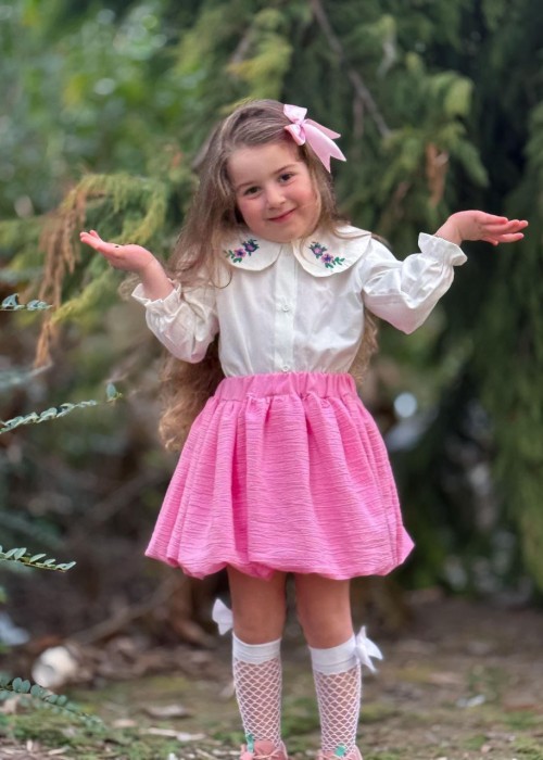 Kız Çocuk Pembe Balon Etek Bluz Takım(Toka Hediyeli)