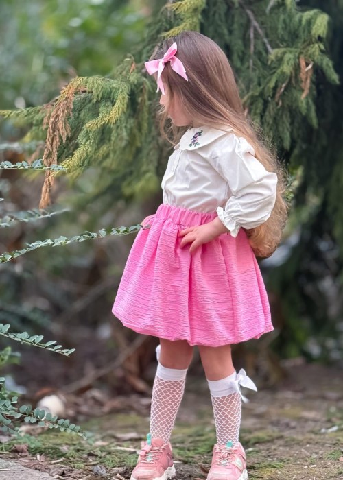 Kız Çocuk Pembe Balon Etek Bluz Takım(Toka Hediyeli)