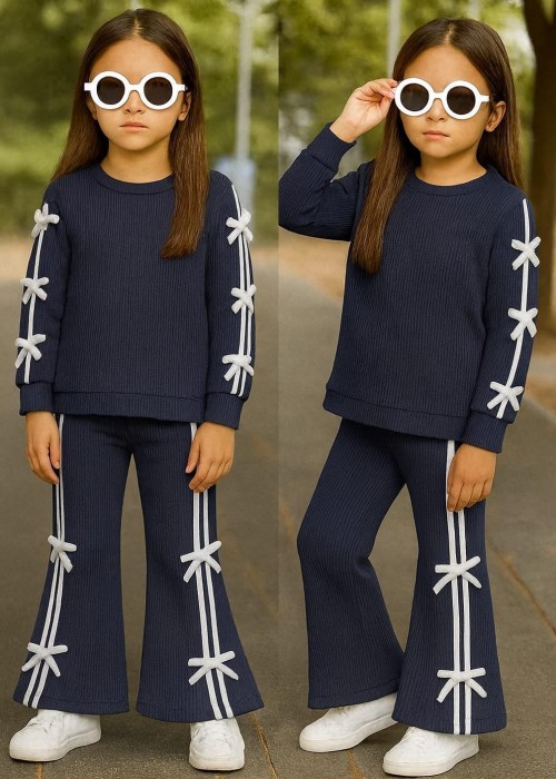 Kız Çocuk Fiyonk Detaylı İspanyol Paça Fiyonk Detaylı Takım(Lacivert)