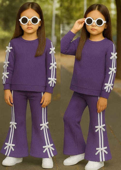 Kız Çocuk Fiyonk Detaylı İspanyol Paça Fiyonk Detaylı Takım(Mor)