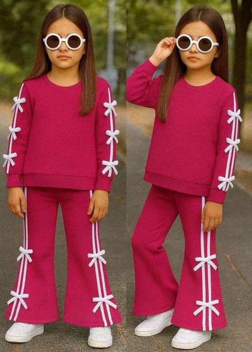 Kız Çocuk Fiyonk Detaylı İspanyol Paça Fiyonk Detaylı Takım(Fuşya)