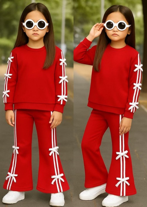 Kız Çocuk Fiyonk Detaylı İspanyol Paça Fiyonk Detaylı Takım(Kırmızı)