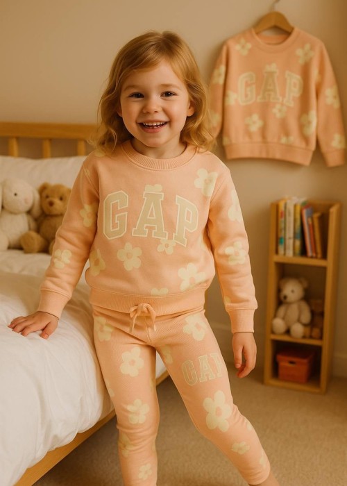 Kız Çocuk 2 iplik Çiçekli Baskılı GAP Takım- Somon