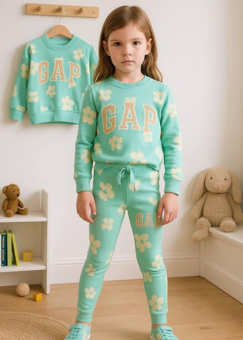 Kız Çocuk 2 iplik Çiçekli Baskılı GAP Takım- Yeşil