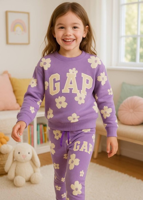 Kız Çocuk 2 iplik Çiçekli Baskılı GAP Takım- Mor