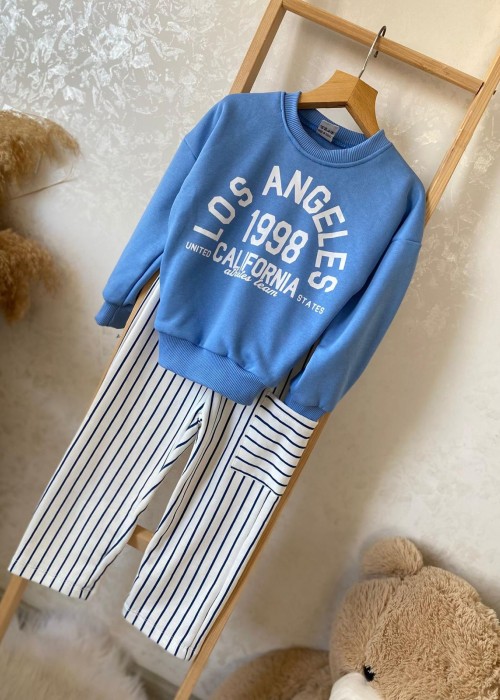 Erkek Çocuk Çİzgili Baskılı Takım (Mavi)