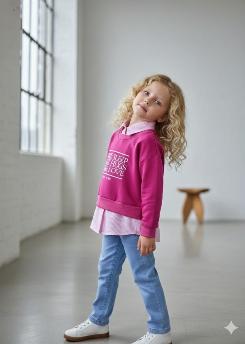 Kız Çocuk Fuşya Kot-Sweat Takım